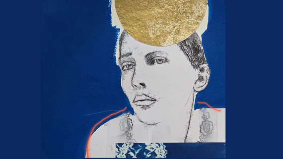 A drawing of a woman surrounded by a collage of different materials