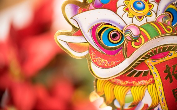 A close-up of a Chinese lion dance