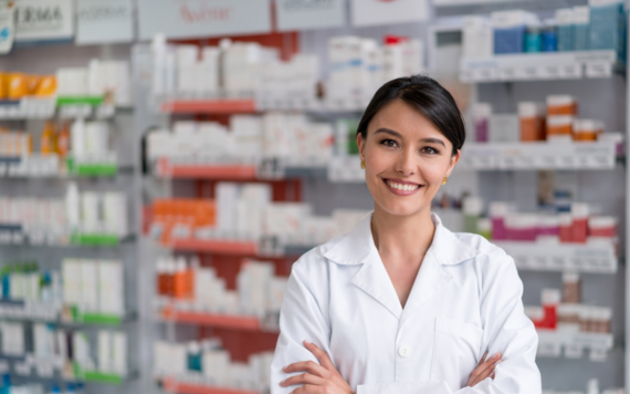 Pharmacists at counter with shelves of medicine behind