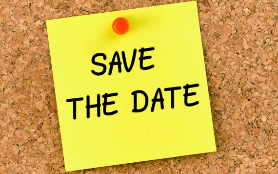 Pinboard with a post-it stuck on that says Save the Date