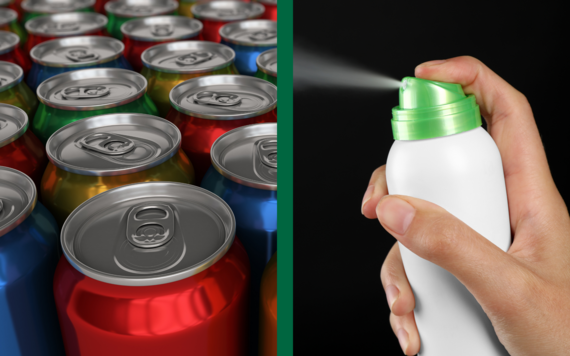 On the left is the top of some drink cans; on the right is an aerosol being sprayed