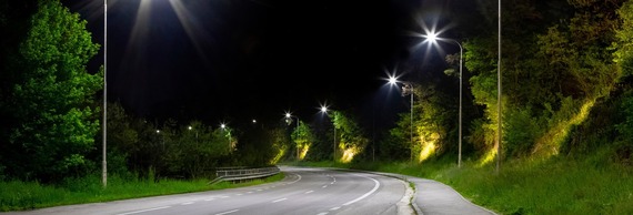 a cropped wide photograph of street lights shining along a country road at night