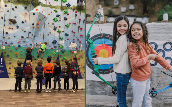 On the left, children watching a demonstration of indoor climbing; on the right, two girls posing in front of an archery target