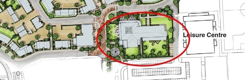 overhead plan showing a building with a red circle around it and the leisure centre immediately to the east