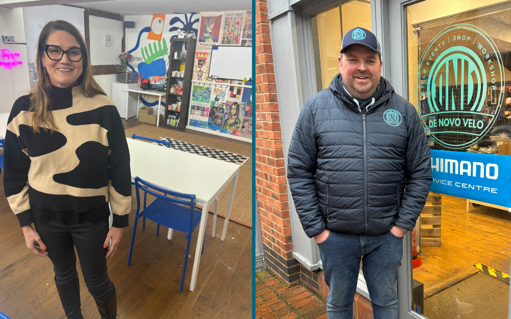 Retailers Samantha Pogson and Max Knott smile in front of their new businesses in Wokinghham