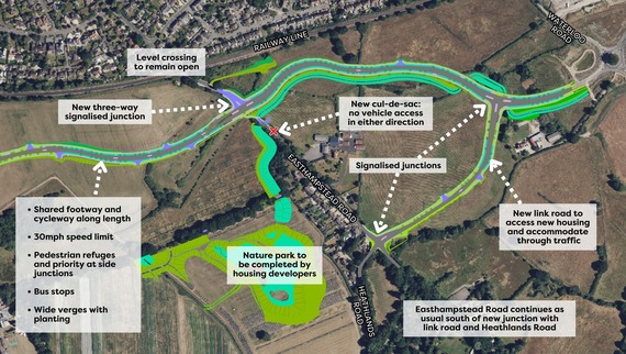 map showing the eastern end of the South Wokingham Distributor Road's Central Section, running westwards from the new roundabout on Waterloo Road