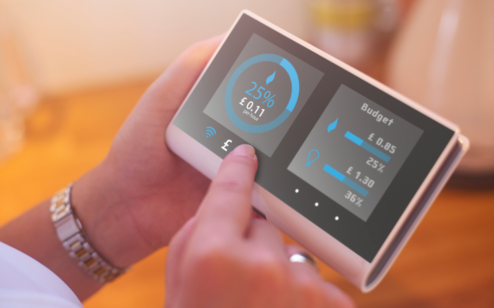 A woman inspects her smart energy meter