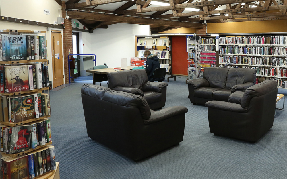 Seating and shelving at Woodley Library for Residents Reception