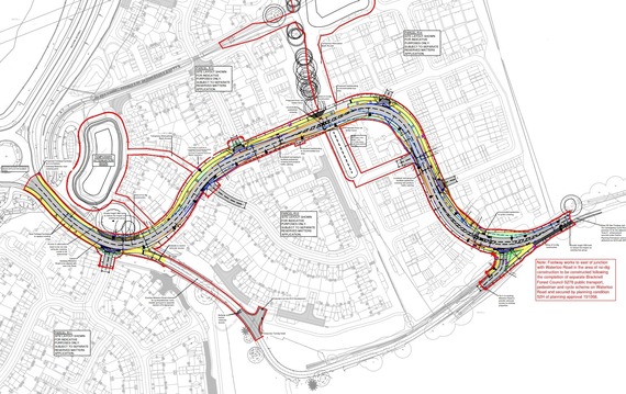 a diagram showing the path of the new link road, full version linked in main article