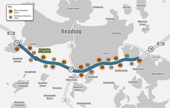 diagram showing the locations of new emergency areas along the M4 near Reading and Wokingham