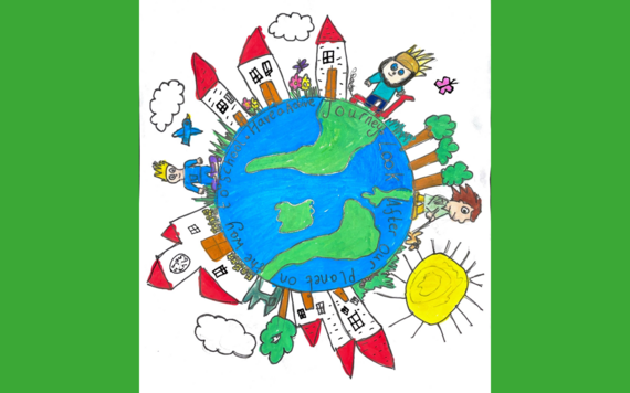 Active Travel Poster Competition picture of earth with children wheeling to school