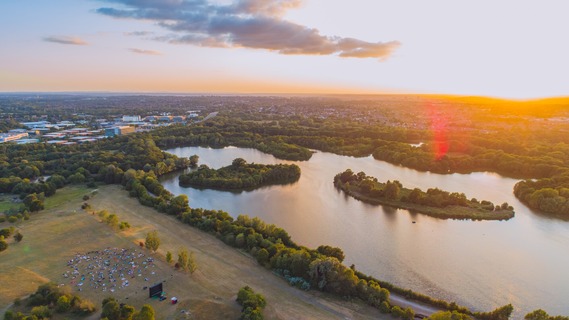 Drone shot at Dinton Pastures overlooking the lake