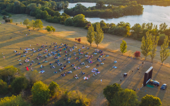 Outdoor cinema screening drone shot