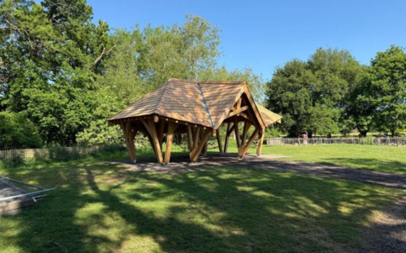 a new wood shelter at dinton pastures that looks like a wobbly house