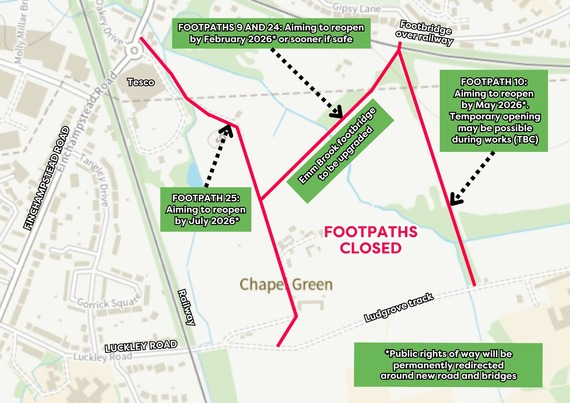 diagram showing the proposed reopening dates for Finchampstead Road footpaths between February and July 2026