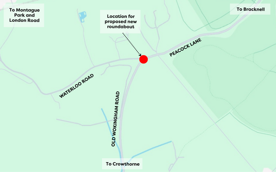 a basic map showing the junction of Peacock Lane, Waterloo Road and Old Wokingham Road, where a new roundabout is proposed
