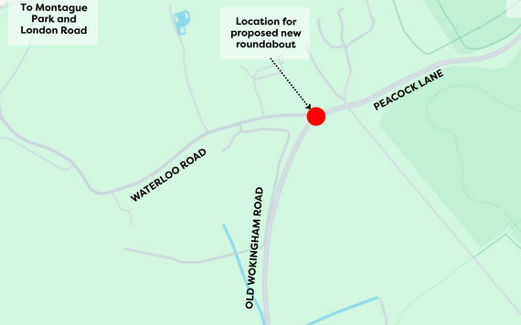 a basic map showing the junction of Peacock Lane, Waterloo Road and Old Wokingham Road, where a new roundabout is proposed