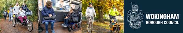 a collage of photos showing groups of people walking, cycling and taking the bus, next to the council crest and logo