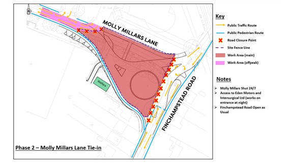 A diagram showing the first phase of road closures at the junction