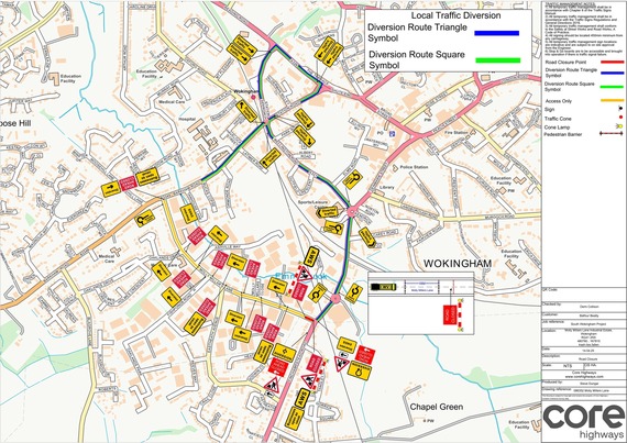 A diagram showing the road closures and diversion routes for cars and most other traffic, as described in the article below