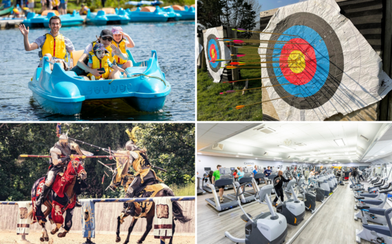 Top left: pedalo at dinton lake. Top right: archery at dinton pastures. Bottom left: two actors jousting on horses. Bottom right: gym 