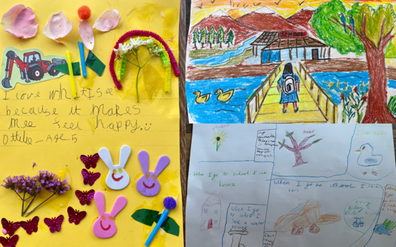 Three collages of schools competition including pictures of flowers, birds, bunnies and a tractor