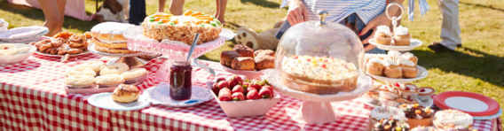 a selection of cakes lined up on a picnic table with a gingham tablecloth