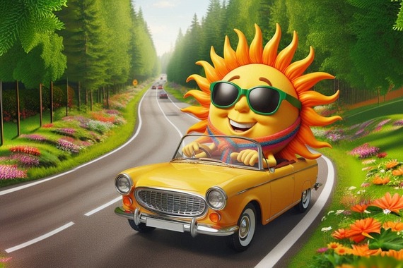 cartoon of a smiling sun wearing sunglasses and driving a bright yellow car along a road through woodland