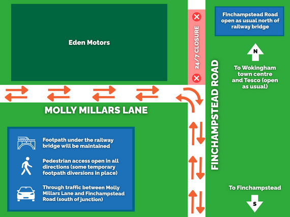 A diagram showing the upcoming closure point on Finchampstead Road