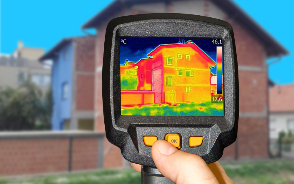 A handheld thermal imaging device is held up to a house, with different colours displaying the building's heat loss.