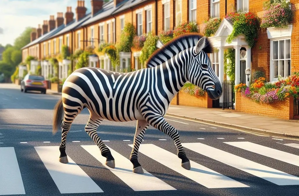 a mock-up showing a cute zebra walking across a zebra crossing in a quiet residential street