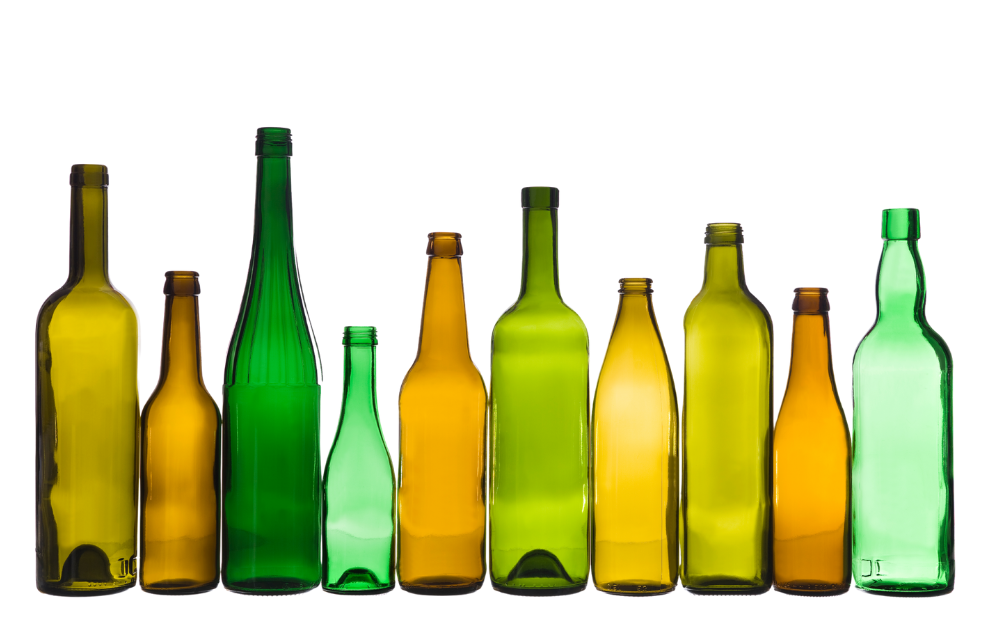 An assortment of glass bottles viewed from the side