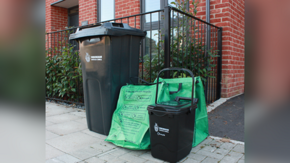 Waste and recycling bins outside a house