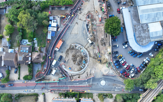 An aerial photo showing the progress of the roundabout project