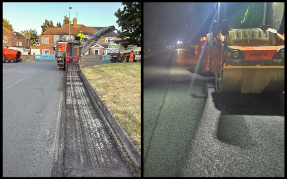 two images side by side of a vehicle stripping old asphalt from a road in the daytime, and a roller pressing down new asphalt at night