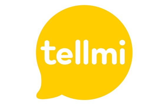 The word tellmi in a yellow speech bubble on a white background