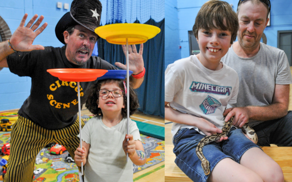 A girl balancing a spinning plate and a boy holding a small snake