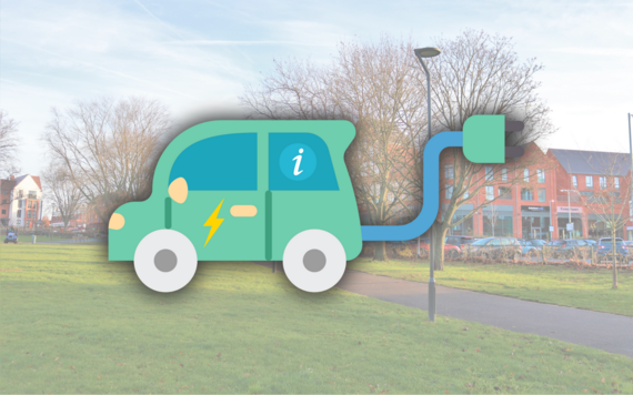 photograph of Elms Field with a graphic of a cartoon car with a plug trailing from the back of it