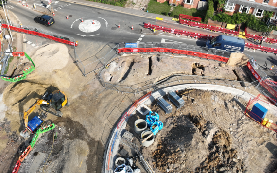 New roundabout under construction from above, showing new road and shapes of roundabout