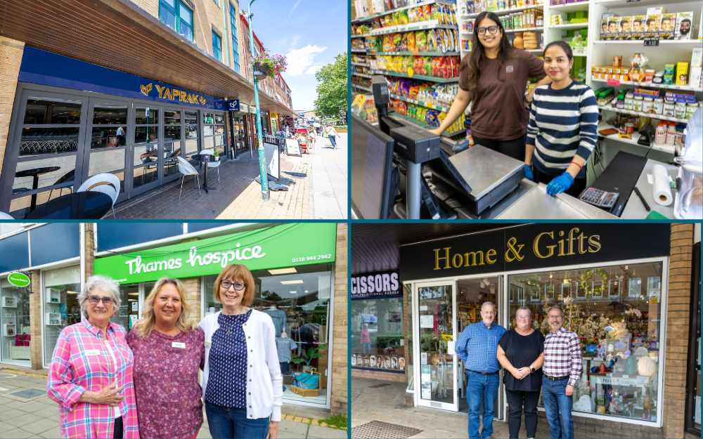 Photos of staff outside shops in Woodley