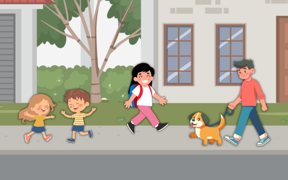 Cartoon of a man and a dog, teenage girl and two younger children all walking down a pavement and smiling