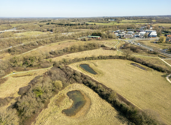 aerial view of Old Forest Meadows nature park, with fields separated by hedges, small ponds and the Toutley bins and roads depot in the distance