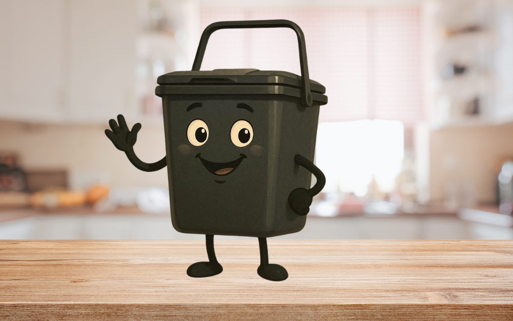 A food caddy bin with a face