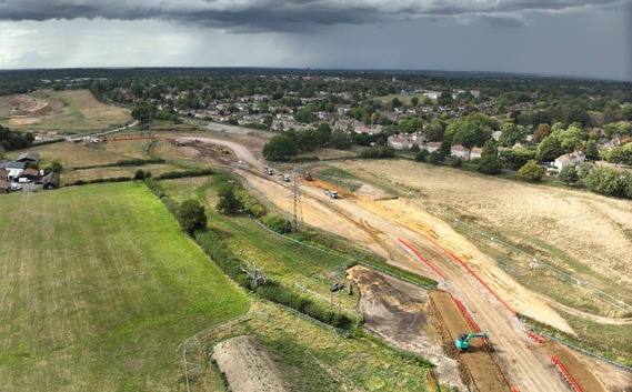 An aerial photo showing the progress of the road project