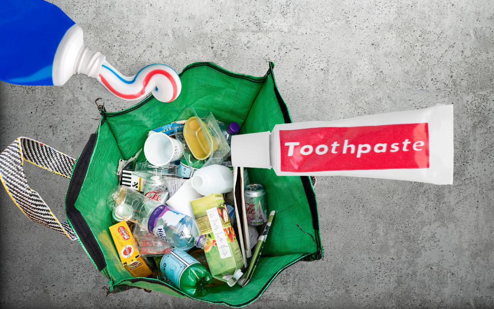 Toothpaste tubes and a recycling bag