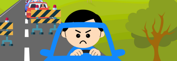 cartoon of an angry driver pushing through barriers at road works
