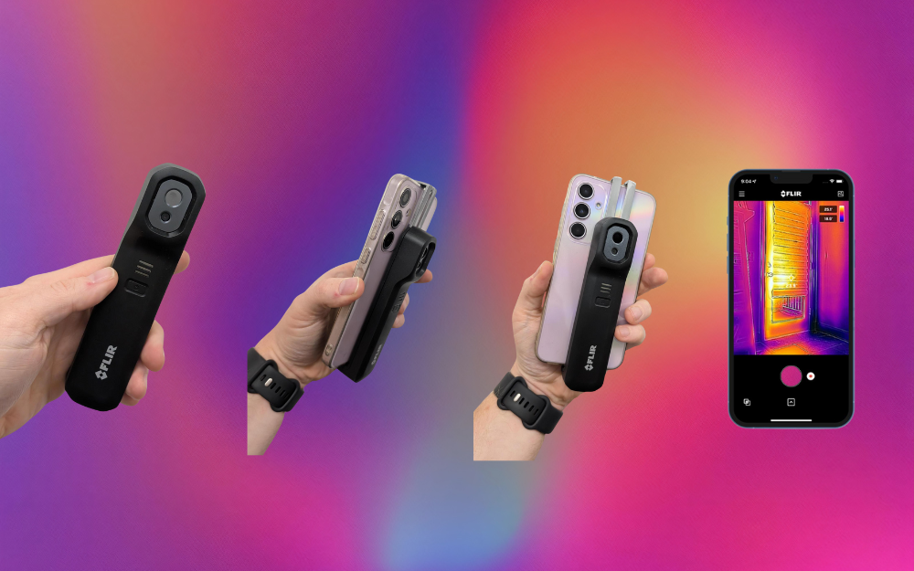 Gradient shows handheld FLIR thermal cameras, ending with a phone displaying a thermal image.