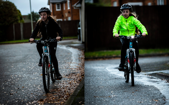 Young cyclist wearing dark clothing and another photo of the cyclist wearing high-vis clothing