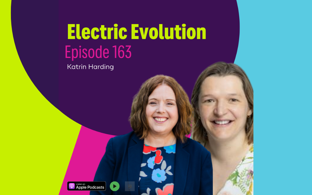 Podcast cover with bold geometric shapes in purple, lime, pink, and teal; two smiling women in front; text reads Electric Evolution Ep. 163.