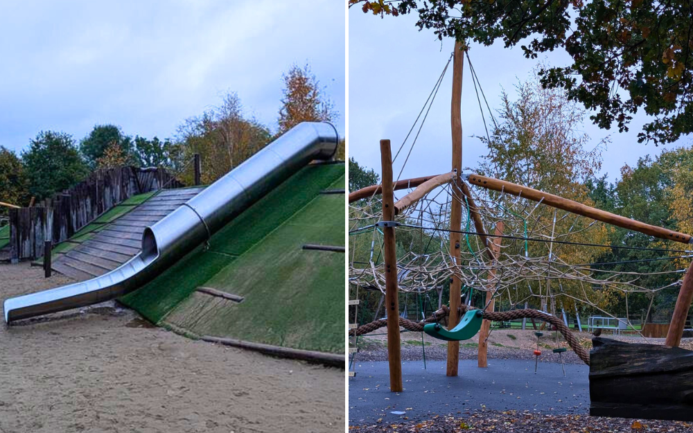 Left: silver slide on green artificial hill. Right: wooden climbing frame with netting and swing, set among autumn trees and sandy ground.